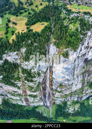 Lauterbrunnen valley with famous nature and waterfalls. Lauterbrunnen valley, Berner Oberland, Switzerland, Europe. Spectacular view of Lauterbrunnen Stock Photo