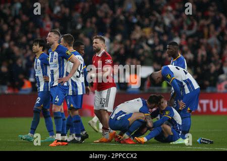 London, UK. 23rd Apr, 2023. London, April 23rd 2023: Solly March of Brighton & Albion down in tears after missing his penalty during the FA Cup Semi Final football match between Brighton Hove Albion and Manchester United at Wembley Stadium, London, England. (Pedro Soares/SPP) Credit: SPP Sport Press Photo. /Alamy Live News Stock Photo