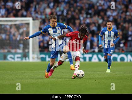 Wembley Stadium, London, UK. 23rd Apr, 2023. FA Cup Semi Final Football, Brighton and Hove Albion versus Manchester United; Solly March of Brighton &amp; Hove Albion challenges Fred of Manchester United Credit: Action Plus Sports/Alamy Live News Stock Photo