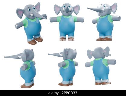 Cartoon Elephant different angles isolated on white background high quality details - 3d rendering Stock Photo