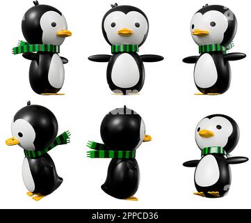 Cartoon Penguin different angles isolated on white background high quality details - 3d rendering Stock Photo