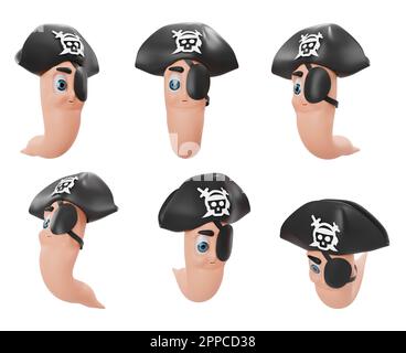 Cartoon Pirate worm different angles isolated on white background high quality details - 3d rendering Stock Photo