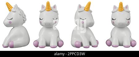 Cartoon Unicorn different angles isolated on white background high quality details - 3d rendering Stock Photo