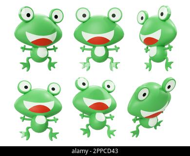 Cartoon Frog different angles isolated on white background high quality details - 3d rendering Stock Photo