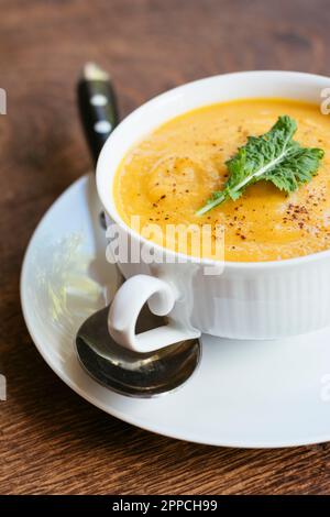 Home made vegan turnip and carrot soup. Stock Photo