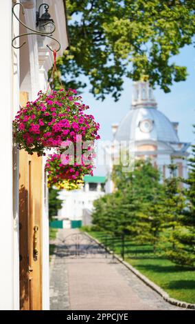 Flower pot with purple flowers on the wall, against the background of the dome of the temple, in summer, landscape Stock Photo