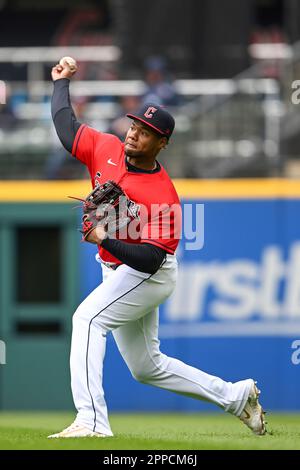 Cleveland Guardians' Oscar Gonzalez hits a single during the third inning  of a baseball game against the Miami Marlins, Sunday, April 23, 2023, in  Cleveland. (AP Photo/Nick Cammett Stock Photo - Alamy