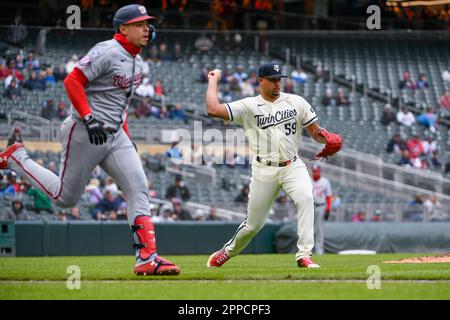 Minnesota Twins relief pitcher Jhoan Duran (59) celebrates with catcher  Christian Vazquez (8) after defeating the Houston Astros 9-6 in a baseball  game, Saturday, April 8, 2023, in Minneapolis. (AP Photo/Stacy Bengs Stock  Photo - Alamy