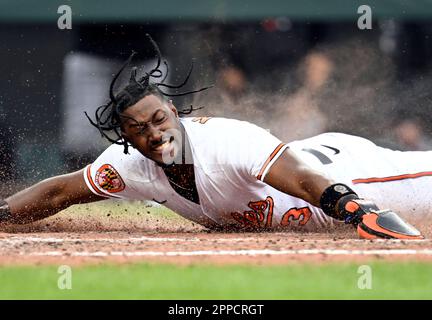 Baltimore Orioles' Jorge Mateo slides safely into home to score