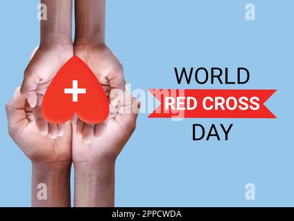 World Red Cross Day concept. Hands holding red heart symbol on blue background. Suitable for greeting card, poster and banner. Vector illustration Stock Vector