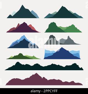 multicolor of mountain silhouettes isolate in set Stock Vector