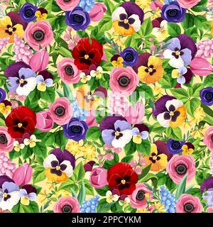 Floral seamless pattern with colorful tulip, pansy, hyacinth, and anemone flowers. Vector floral print Stock Vector