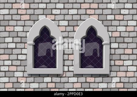 medieval windows on grey color stone wall Stock Vector