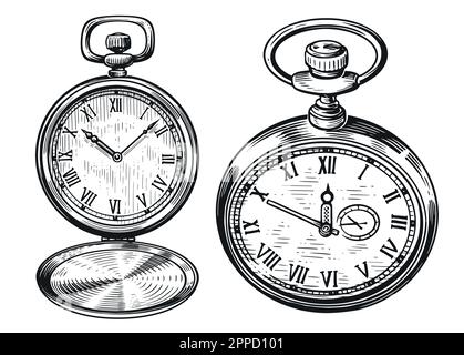 Retro pocket watch set. Vintage old clock isolated. Hand drawn sketch illustration in old engraving style Stock Vector