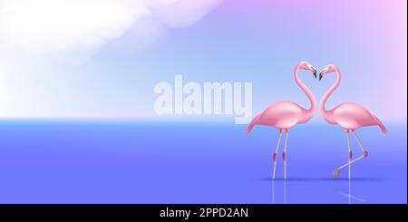pair of flamingos standing in water on sunset landscape, in love forming heart with their necks Stock Vector