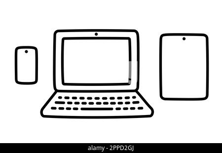 Phone, laptop and tablet doodle icons. Simple hand drawn cartoon electronic devices. Vector illustration set. Stock Vector