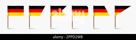 Realistic various German toothpick flags. Souvenir from Germany. Wooden toothpicks with paper flag. Location mark, map pointer. Blank mockup for Stock Vector