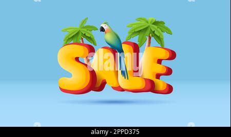 3d summer tropical sale composition with big letters and palm trees with parrot bird Stock Vector