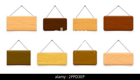 Wooden hanging signboards. Made of wood door sign for cafe, restaurant, bar or retail store. Announcement banner, information signage for business or Stock Vector