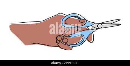 Hand holding scissors, cutting montion. Hand drawn with thin line. Vector illustration isolated on white background Stock Vector