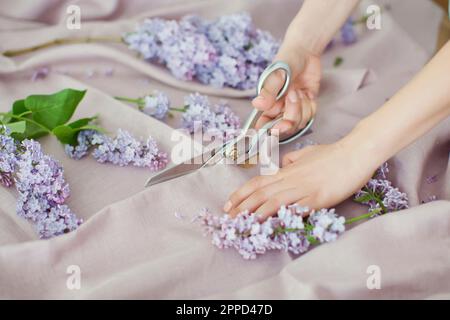 Hands of woman cutting linen fabric with scissors Stock Photo