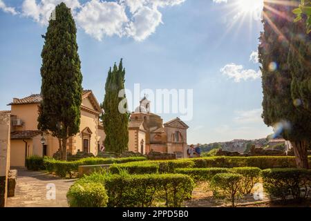 Italy, Lazio, Tuscania, Hedges in front of town hall and Teatro Comunale Rivellino Stock Photo