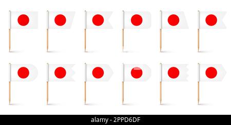 Realistic various Japanese toothpick flags. Souvenir from Japan. Wooden toothpicks with paper flag. Location mark, map pointer. Blank mockup for Stock Vector