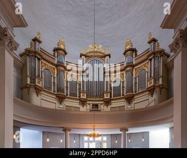 Pipe organ inside the Finnish Evangelical Lutheran Cathedral of the Diocese of Helsinki, Finland. Stock Photo