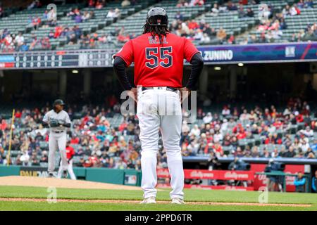 CLEVELAND, OH - APRIL 23: Cleveland Guardians designated hitter Josh Bell  (55) takes first base as he walks during the second inning of the the Major  League Baseball Interleague game between the