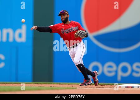 CLEVELAND, OH - APRIL 23: Cleveland Guardians designated hitter Josh Bell  (55) takes first base as he walks during the second inning of the the Major  League Baseball Interleague game between the