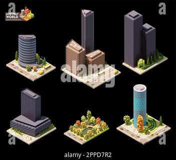 Vector isometric world map creation set. Combinable map elements. City downtown or center map. Skyscrapers, park, modern buildings and streets Stock Vector