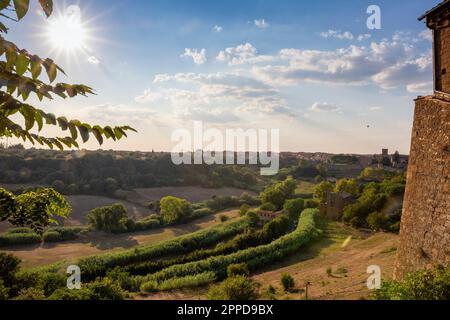 Italy, Lazio, Tuscania, Summer sun shining over rural landscape seen from San Pietro church Stock Photo