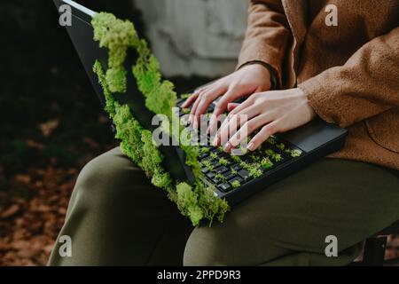 Hands of freelancer typing on laptop with moss Stock Photo