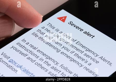 Severe Alert seen on the screen of smartphone. Test of Emergency Alerts of UK governmet on April 23. Stafford, United Kingdom, April 23, 2023 Stock Photo