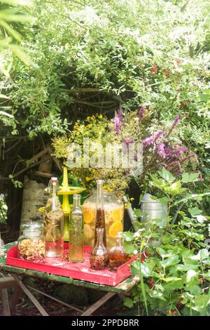 Fresh oils and vinegar in glass bottles on tray at table Stock Photo