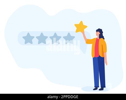 Illustration of people characters giving five-star feedback through stars rating system. Vector concepts depicting customer reviews with both positive and negative ratings. Vector. Stock Vector