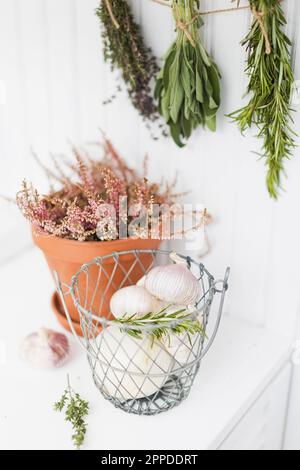 Garlic in metal basket with herbs hanging on wall Stock Photo