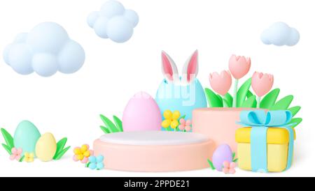 Easter 3d concept. Nature garden objects, bunnies ears in egg and gift box. Spring holiday decoration. Empty podiums and clouds, pithy vector banner Stock Vector