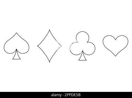Playing card suit outline symbol set - four shapes of Hearts, Spades, Clubs and Diamonds symbols, vector illustration Stock Vector