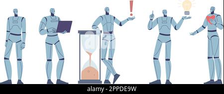 Flat isolated androids characters, robot with heart and laptop. Digital future business or office workers, new people vector set Stock Vector