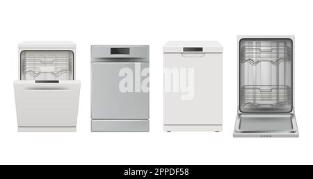 Dishwasher. Machine for washing dishes closed and opening decent vector realistic templates collection isolated Stock Vector