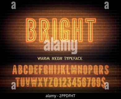 Bright night light extra glowing effect narrow bold font with numbers on dark brick wall background. Vector warm orange neon alphabet Stock Vector