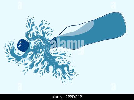 Pure mineral water, plastic bottle in the middle and flying water drop elements on blue background. Vector illustration Stock Vector