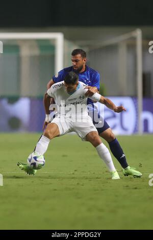 Belo Horizonte, Brazil. 23rd Apr, 2023. Luciano Castan do Cruzeiro competes with Luis Suarez do Gremio, during the match between Cruzeiro and Gremio, for the 2nd round of the 2023 Brazilian Championship, at Arena Independencia, this Saturday, 22. 30761 (Daniel Castelo Branco/SPP) Credit: SPP Sport Press Photo. /Alamy Live News Stock Photo