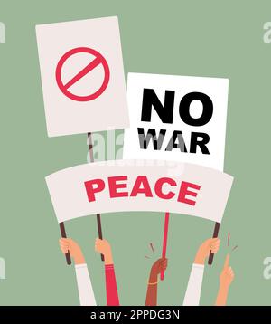 No war. protest placards meeting people holding boards. Vector concept pictures Stock Vector