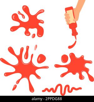 Sauce drops and bottle in hand with ketchup. Red sauces splashes, salsa, tomato or hot red pepper dripping. Vector isolated food topping elements Stock Vector