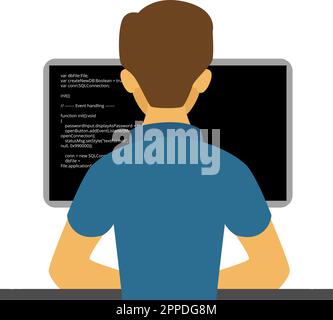 Programming developer. Young code geek, developing programmer character, it coding freelancer work flat illustration, networking project technologies Stock Vector