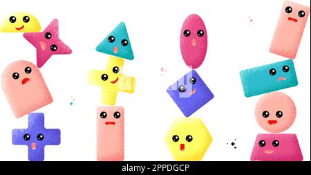 Vibrant geometric characters compositions. Abstract textures shapes with cute faces, isolated trendy figures. Children educational vector graphic Stock Vector