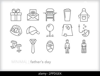 Set of Father's Day line icons of themes, gifts, and activities to honor and celebrate fathers and grandfathers for the holiday Stock Vector