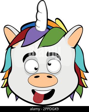 Vector illustration of a unicorn cartoon, a crazy expression, with squinty eyes and tongue sticking out Stock Vector